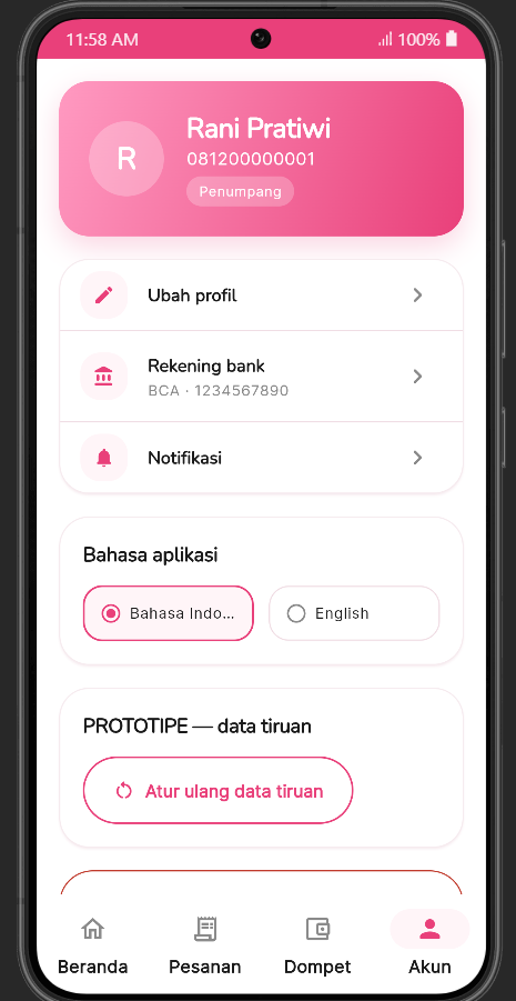 Akun dengan kartu profil, rekening bank, notifikasi, dan tombol atur ulang data tiruan