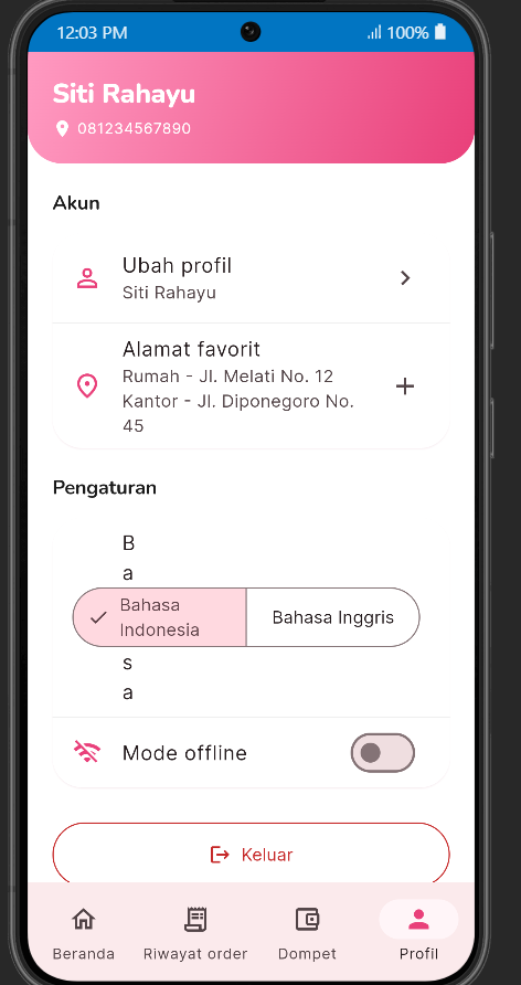 Profil dengan alamat favorit, pengaturan bahasa, mode offline, dan tombol keluar