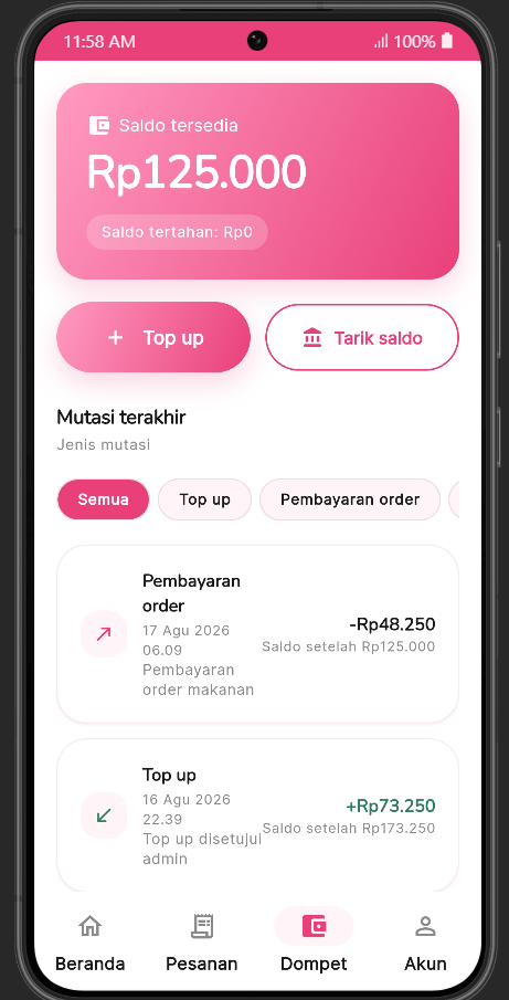 Dompet dengan tombol top up dan tarik saldo, penyaring mutasi, serta sisa saldo tiap baris