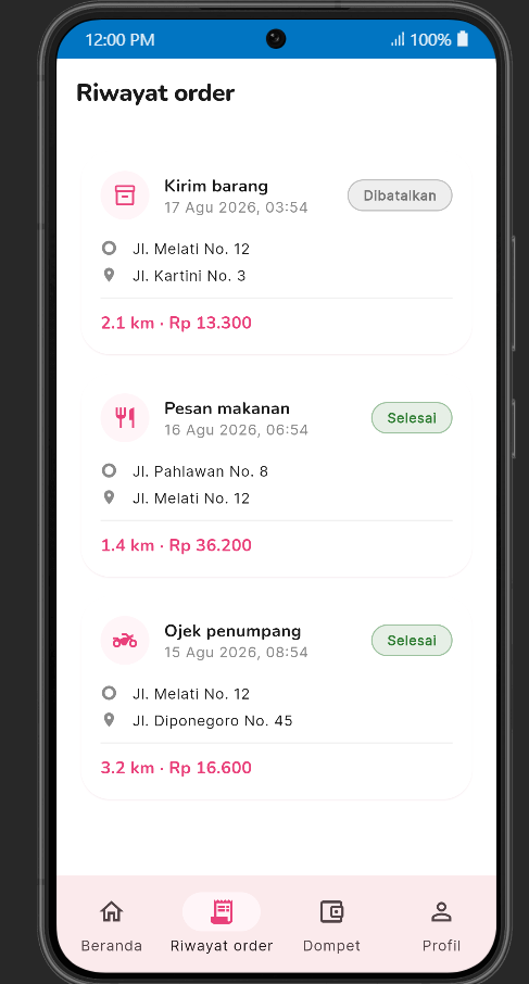 Riwayat order tanpa penyaring, tiap baris menampilkan jarak tempuh